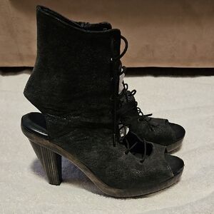 Colleen Cordora Black Lace-Up Peep-Toe Heeled Booties